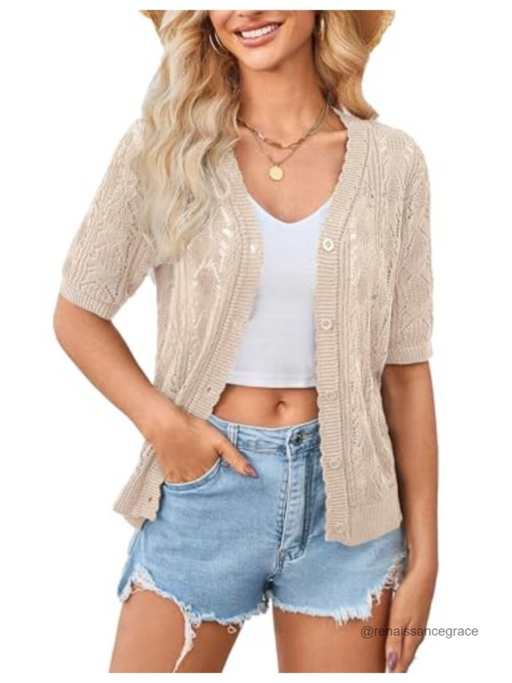 Crochet Short Sleeve Summer Cardigan Lightweight Shrug V-Neck